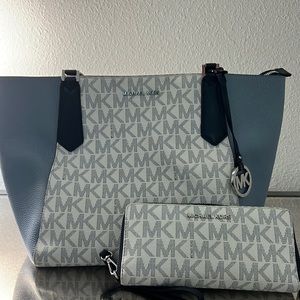 Michael Kors Blue and White Handbag and Wristlet